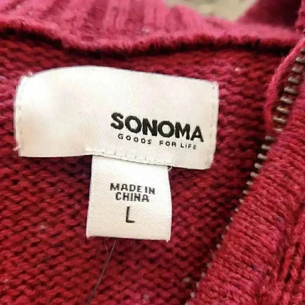 Sonoma Men's Red & Charcoal Cotton/Acrylic Color Block Knit Quarter Zip Mock Nec